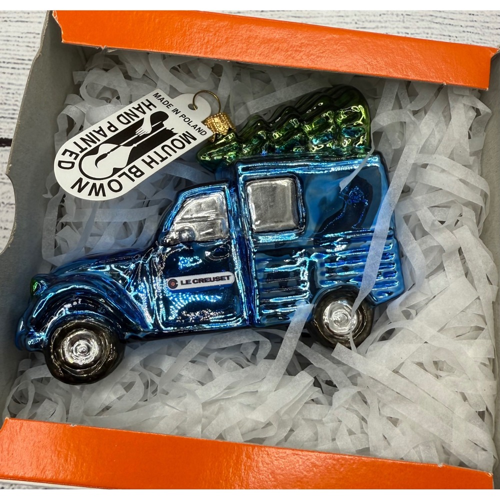 Le‎ Creuset Blue, Hand Painted, Mouth Blown Glass Vehicle Holiday Ornament